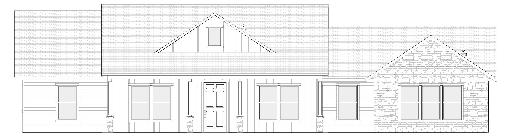 A simple white house with a gray roof and wood accents set against a green lawn and a bright blue sky